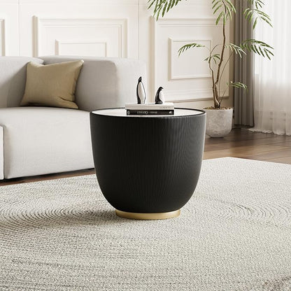 Round Coffee Table Set with Sintered Stone Tabletop, 27.56" Grey Drum Center Table and 19.69" Black Coffee Table Set, 2 Pieces Living Room Table Set with Fluted PU Leather Cover& Metal Base