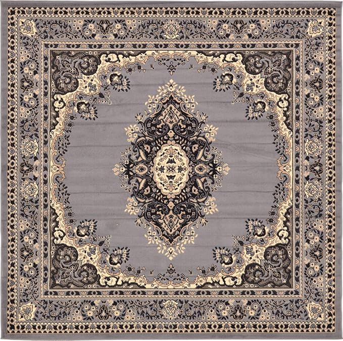 Unique Loom Reza Collection Traditional Persian Style Area Rug, 8' 0" x 8' 0", Gray/Ivory
