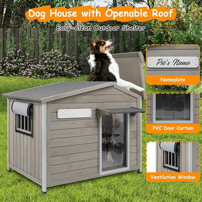 Large Outdoor Dog House Waterproof for Small to Large Sized Dogs with Openable Asphalt Roof, Anti-Chewing Iron Frame, Window, Weatherproof Indoor Outside Kennel Puppy Shelter (40" L*26.4" W*33.5" H)