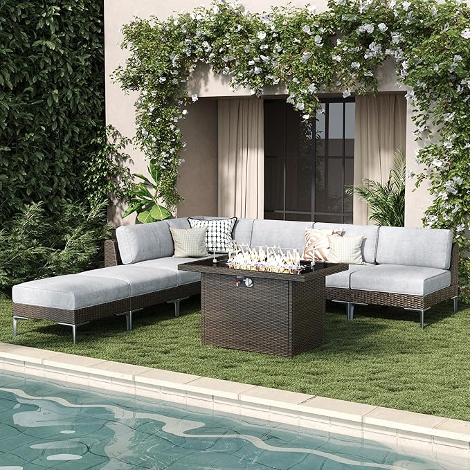 LayinSun 8-Piece Outdoor Modular Wicker Sectional Sofa with Fire Pit Table, Patio Furniture Conversation Set with Deep Seating and Thick Cushions