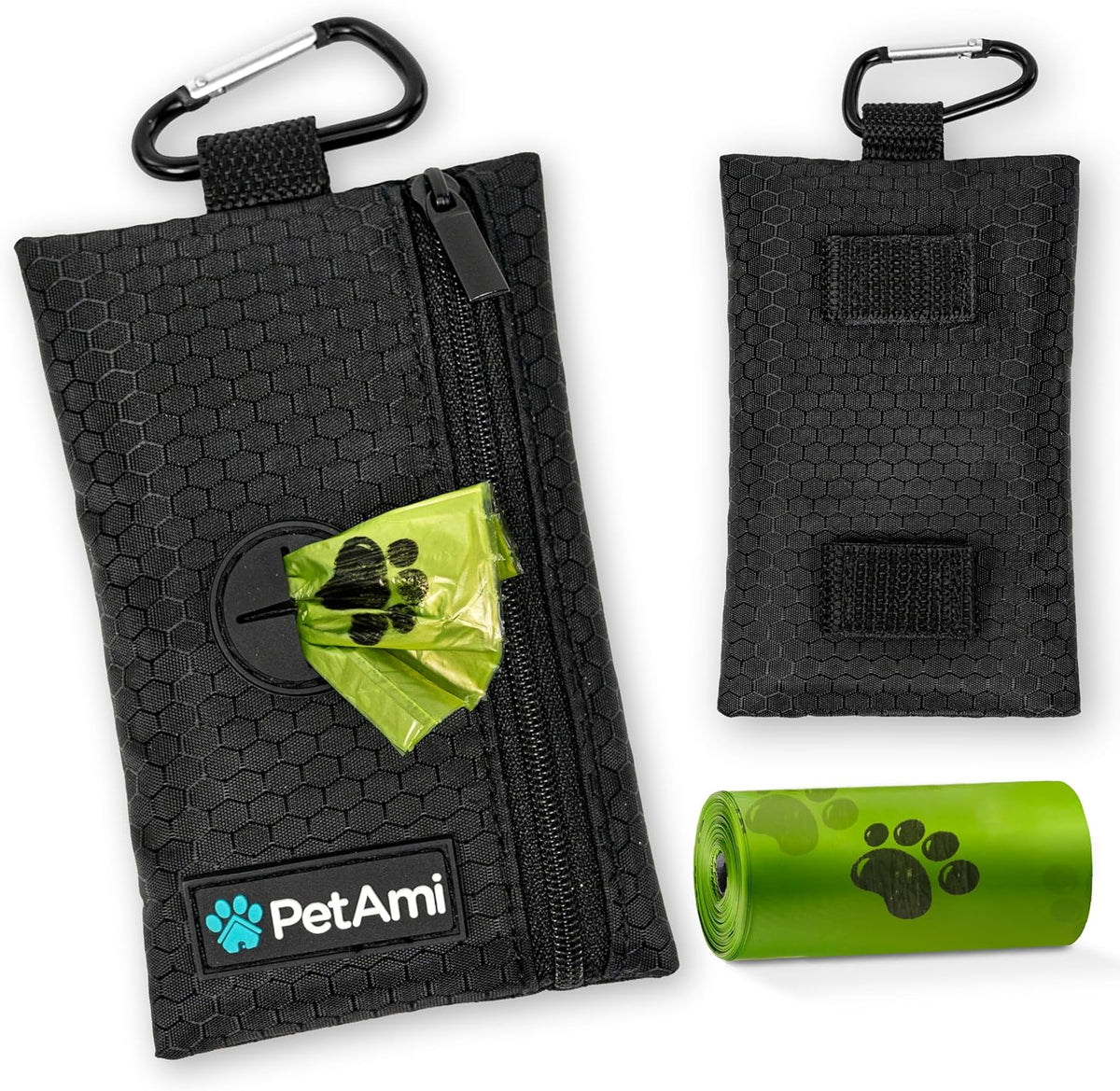 PetAmi Dog Poop Bag Holder for Leash, Dog Poop Bag Dispenser with Clip, Dog Waste Bag Holder for Pet, Dog Treat Pouch, Doggy Walking Camping Accessories with Trash Bag Roll, Black 1 Pack