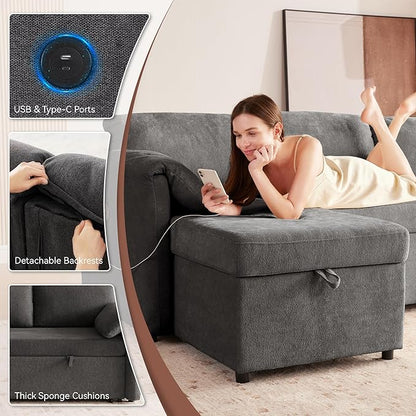 Tbfit 83'' Pull Out Sofa, 3 in 1 Sleeper Sofa Couch with USB & Storage Chaise, Comfy Sofa Bed with Pull Out Bed, Convertible Sleeper Sofas for Living Room, Small Spaces, Dark Gray
