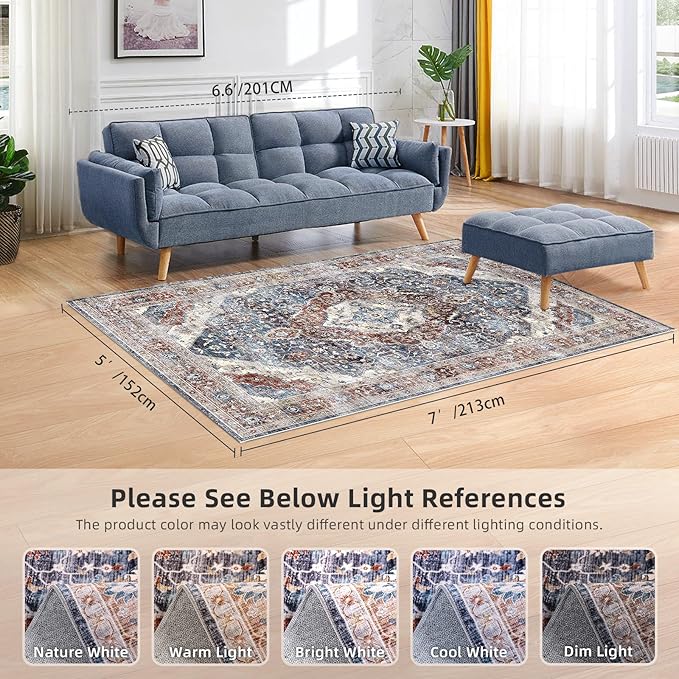 Rugs 5x7 Washable Rug, Non Slip Large Rug for Living Room Bedroom Dining Room, Low-Pile Kid & Pet Friendly Distressed 5x7 Carpet Print Floor (Border Brown/Navy Blue)
