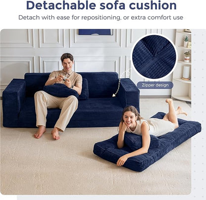 MAXYOYO Convertible Sofa Bed, Pull Out 3 Seater Sleeper Sofa, 2 in 4 Folding Couch Bed, Fold Out Floor Couch with Pillows for Living Room Bedroom Lounge, Navy