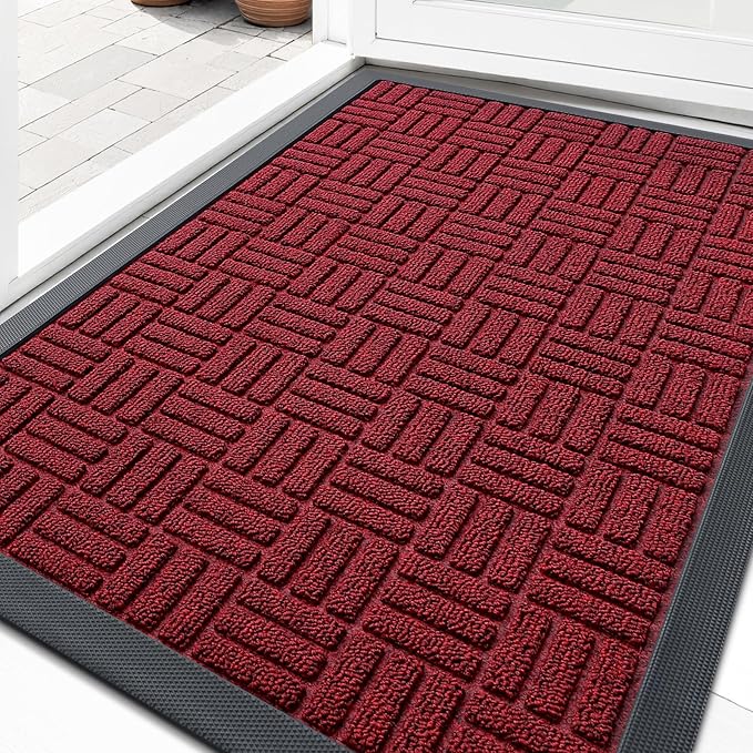 OLANLY Front Door Mat Outside Entrance 35x23, Absorbent, Heavy Duty Sturdy Natural Rubber Doormat Indoor Outdoor, Non-Slip, Stain and Fade Resistant, Low Profile Floor Mat for Entryway, Black Red