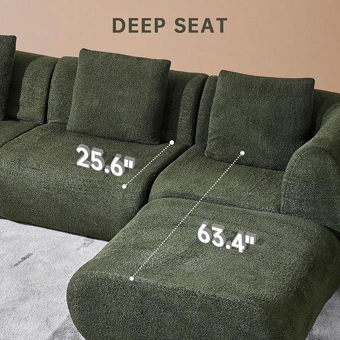 118" Modular Sectional Sofa with Movable Ottoman, 3-Seater Modern Teddy Velvet L-Shaped Couch, Convertible Cloud Sofa for Living Room, Sectional Boneless Couch