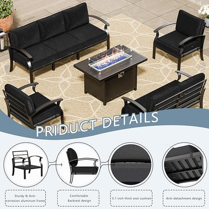 RTDTD Aluminum Outdoor Patio Furniture Set,5 Pieces 7 Seats Patio Conversation Sets with 45" Propane Fire Pit Table,Metal Patio Sectional Furniture Set w/5.1" Cushions for Porch,Deck,Backyard,Black