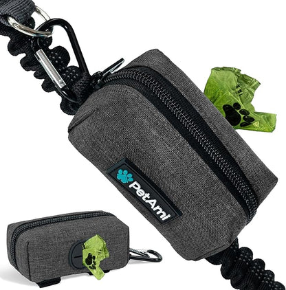 PetAmi Dog Poop Bag Holder for Leash Doggie Waste Bag Dispenser with Clip & Velcro Belt for Puppy Potty Walking Accessories Travel Camping Pet Supplies Zipper Pouch with Trash Bag Roll, Gray 1 Pack