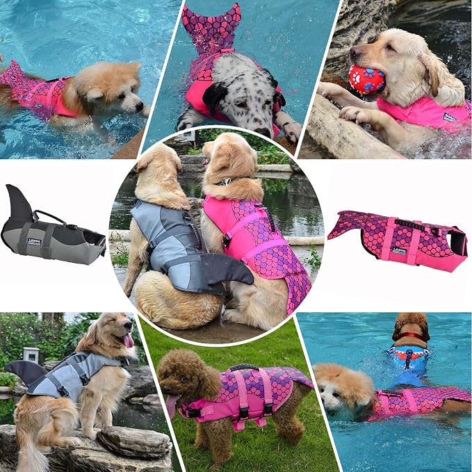 Dog Life Jacket Ripstop Shark Dog Safety Vest Adjustable Preserver with High Buoyancy and Durable Rescue Handle for Small,Medium,Large Dogs, Pink Fish Medium