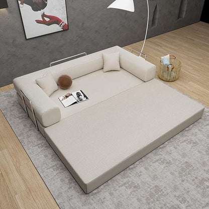 Convertible Couch Sofa Bed Foldable Floor Sleeper | Upgraded ALL High-Density 35D Foam | Fold Out Deep Seat Couch | King Size | Compression Sofa Sleeper for Living Room, Bedroom | Corduroy Beige