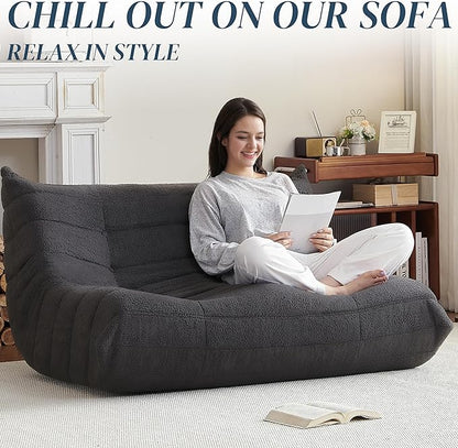 Bean Bag Chair, Loveseat Fireside Chair Bean Bag Sofa for Adults, 2 Seater Bean Bag Chairs for Teens with High-Resilience Foam, Memory Foam Bean Bag for Living Room, Bedroom, Office (Teddy, Dark Gray)