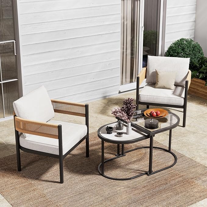 Grand patio 4-Piece Outdoor Conversation Set with 2 Single Chairs and 2 Patio Coffee Tables, Wicker Furniture Set, Natural