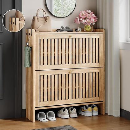 wanan 31.5" Shoe Cabinet with 2 Flip Slatted Drawers, Adjustable & Removable
