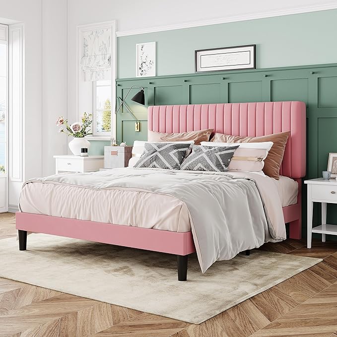 Allewie Queen Bed Frame, Velvet Upholstered Platform Bed with Adjustable Vertical Channel Tufted Headboard, Mattress Foundation with Strong Wooden Slats, Box Spring Optional, Easy Assembly, Pink