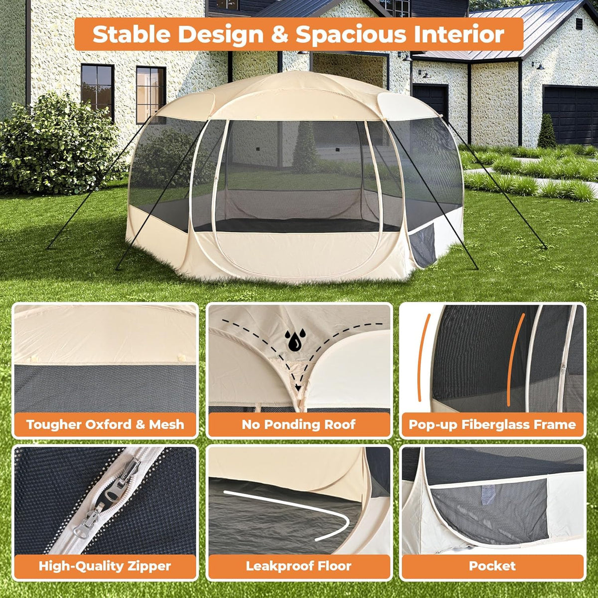EighteenTek XXLarge Popup Portable Dog Houses, 10'x4.8'H Assembly-Free Gazebo-Style Dog Cot Cat Playpen Screen Pet Tent Sun Shade Shelter Dog Bed with Canopy for Outdoor Anti-Bugs with Leakproof Floor