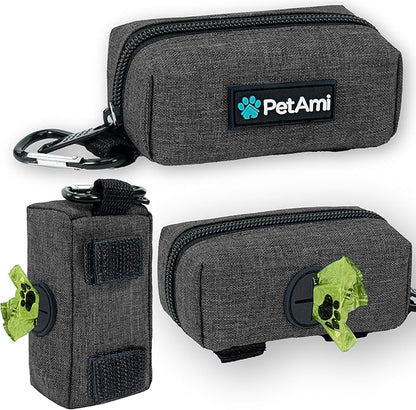 PetAmi Dog Poop Bag Holder for Leash Doggie Waste Bag Dispenser with Clip & Velcro Belt for Puppy Potty Walking Accessories Travel Camping Pet Supplies Zipper Pouch with Trash Bag Roll, Gray 1 Pack