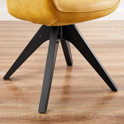 Art Leon Office Chair No Wheels, Mid Century Modern Desk Chair, Swivel Accent Chair with Oak Wood Legs, Faux Leather Upholstered Armchair for Desk, Yellow Brown