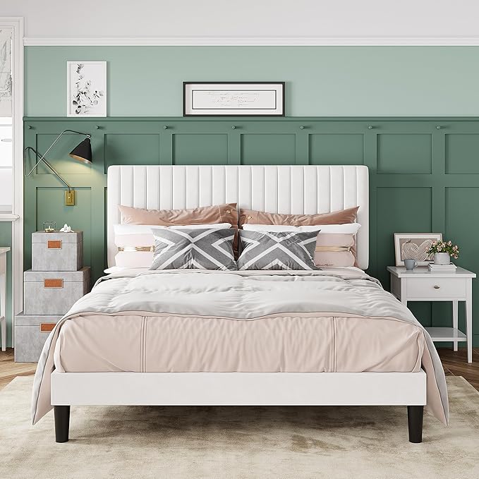 Allewie Full Bed Frame, Velvet Upholstered Platform Bed with Adjustable Vertical Channel Tufted Headboard, Mattress Foundation with Strong Wooden Slats, Box Spring Optional, Easy Assembly, Off-White