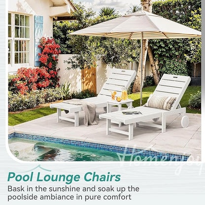 Homenjoy Outdoor Chaise Lounge Chairs with Table, 2-Piece, 26.8” Super Wide Lounge Chair Outdoor, HDPS Pool Chairs with 5 Positions, Patio Lounge Chair with Wheels for Pool,Lawn,Backyard, White