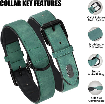 Didog Soft Padded PU Leather Dog Collar, Breathable and Adjustable Dog Collars for Medium Dogs, Comfortable for Daily Walk, Green, L Fit Neck 13-17"(22-44 lbs)