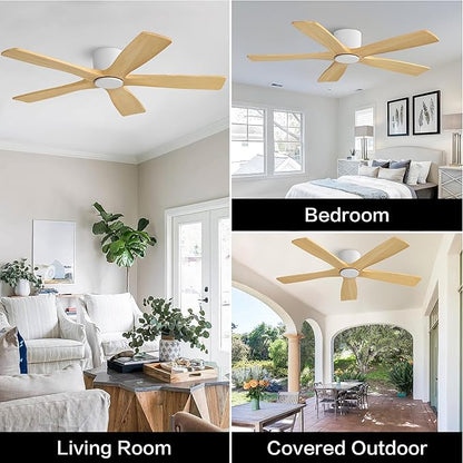 WINGBO 54" Flush Mount DC Ceiling Fans Without Lights, 5 Carved Solid Wood