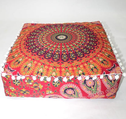 CRAFT KALA Red Peacock Large Hippie Mandala Meditation Floor Ottoman Pillow Cushion Pouf Cover Square Poufs Bohemian Circle Floor Cushion Case Outdoor Fireplace Yoga Living Room Decor Cover 16" Square