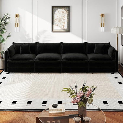 Aoowow Modular Sectional Sofa,147.2 Inch Deep 4-Seater Sofas Comfy Chenille Cloud Sofas and Couches with Pillows for Living Room Apartment（Black）