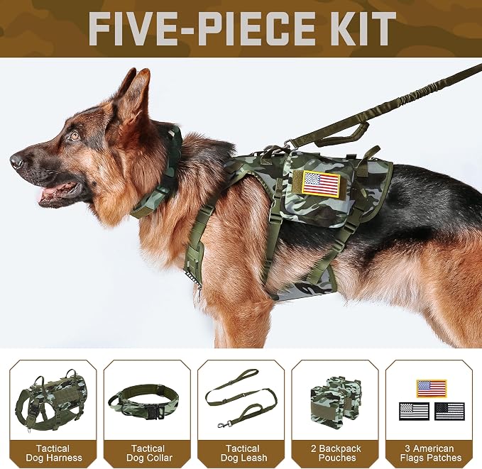 Forestpaw Tactical Dog Harness Tactical Dog Collar with Bungee Leash Set,No Pull Military Dog Harness for Walking Training,Adjustable for Medium Large Dogs,Camouflage Green,Chest 27-40"