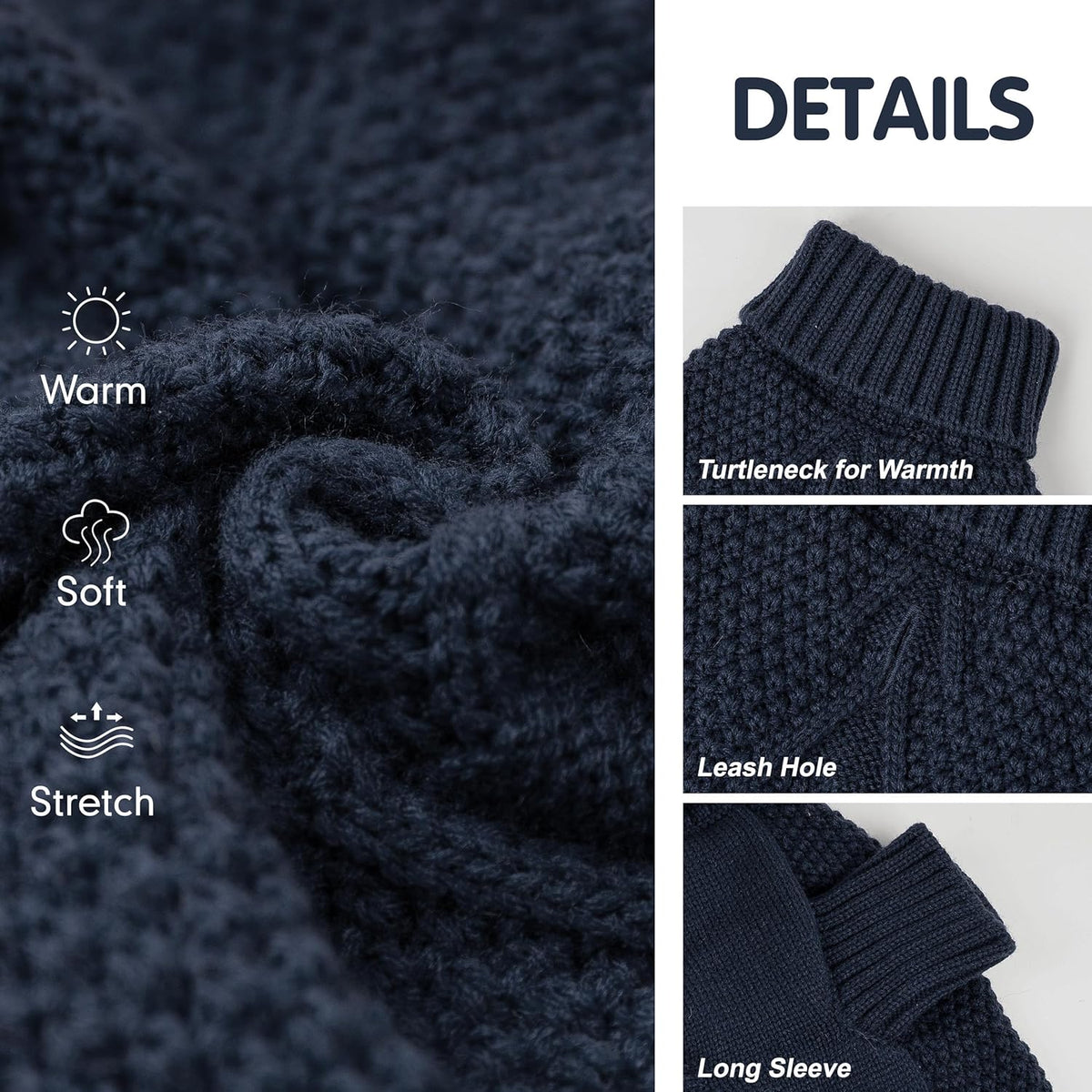 cyeollo Dog Sweaters for Small Dogs Boy, Pullover Turtleneck for Dogs Male, Knitted Doggy Fall Winter Warm Cold Weather Dog Clothes Apparel with Sleeves, Navy L