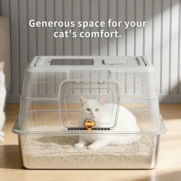 Thick Stainless Steel Fully Enclosed White Cat Toilet, Sturdy, Bite Proof, Leak Proof, Providing Greater Comfort For Cats In Large Spaces