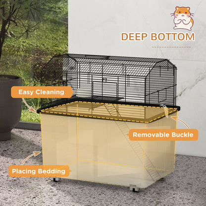 22" 2-Tier Hamster Cage with Extra-Deep 14" Base, Small Animal Cage with Ramp, Water Bottle, Food Dish, Wheels, Black