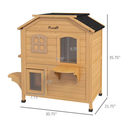 2-Story Wooden Outdoor Cat House Feral Shelter With Escape Door Asphalt Roof 4 Platforms Natural