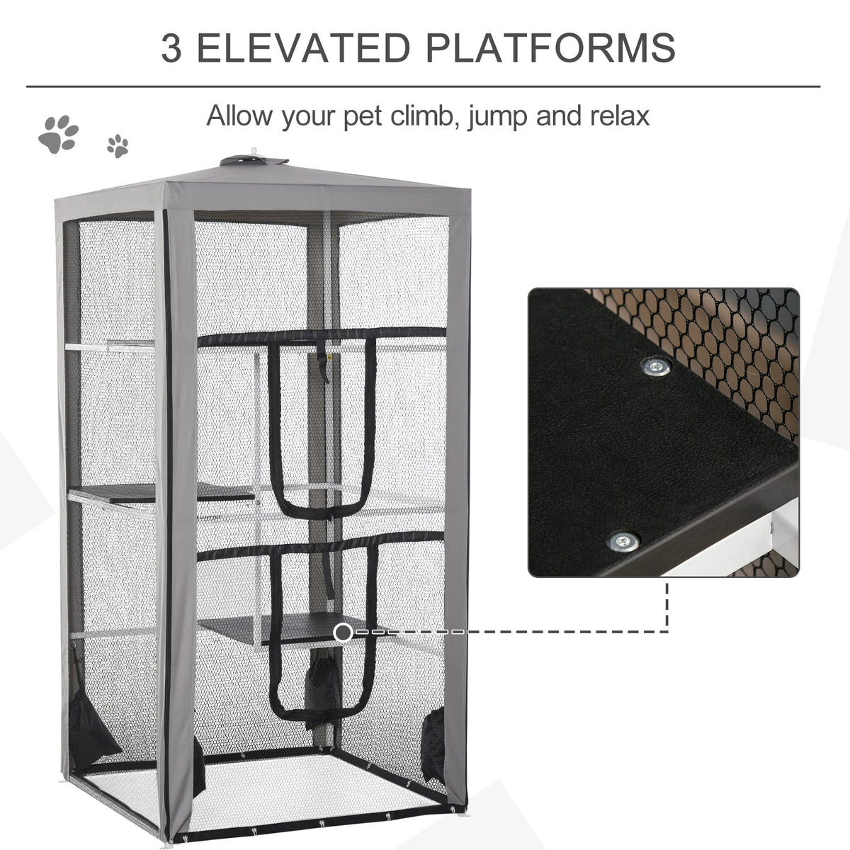 79"H Cat House Kitten Enclosure Mesh Playpen Steel Frame with 3 Platforms, 2 Doors and 4 Sandbags for Stability, Indoor/Outdoor