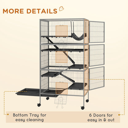 63" H Rolling Small Animal Cage with Hammock, Ferret Cage, Chinchilla Cage, Pet Habitat with 6 Doors, Removable Tray