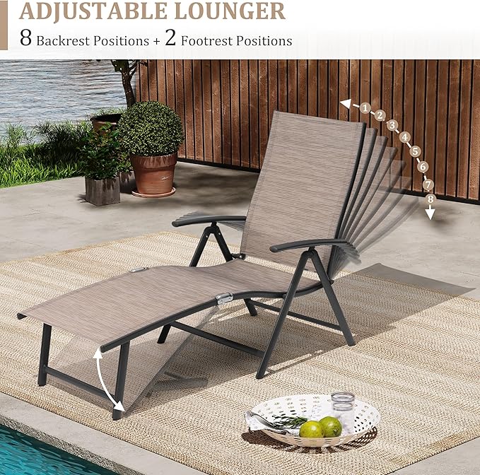VredHom Patio Chaise Lounge Outdoor Adjustable Folding Lounge Chair Recliner with 8 Adjustable Backrest Positions for Pool Beach Yard,Textliene & Brown Aluminum Frame
