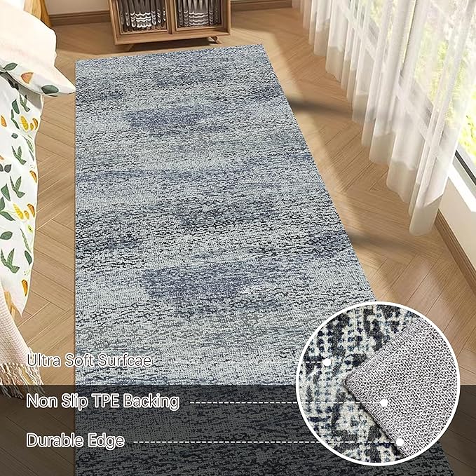 RUGSURE Washable Area Rug - 1/6 Thick - Stain & Water Resistant Non-Slip - Resistant Rug for Living Room, Bedroom, Nursery, Pet & Child Friendly, Vintage Charm Area Rugs (Grey+LightTeal, 2'6'' x 8')