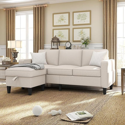 ZeeFu Couch for Living Room - 78'' Beige Linen 3 Seat L-Shaped Sectional Sofa Couches with Storage Ottoman - Modern Small Space Upholstered Furniture Sofa Set for Office Small Space Apartment Bedroom