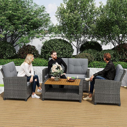Wisteria Lane 4 Piece Patio Furniture Set, Wicker Outdoor Patio Conversation Furniture Set, All Weather Outdoor Patio Sofa with Cushion and Wood Table, Gray Wood
