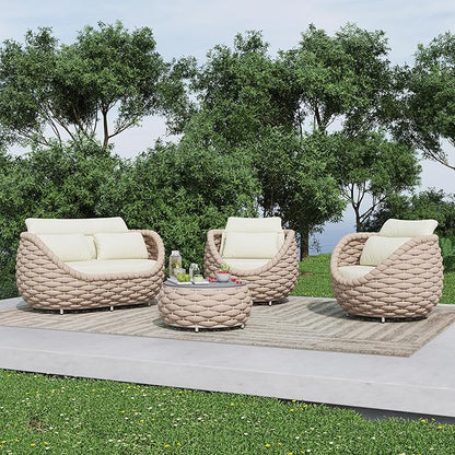 Erotr 4 Piece Aluminum Patio Furniture: Hand Woven Rope Sofa - Modern Outdoor Sofa Seating with Cushion - All Weather Patio Set for Deck, Yard, Garden, Poolside, Hotel - Terracotta