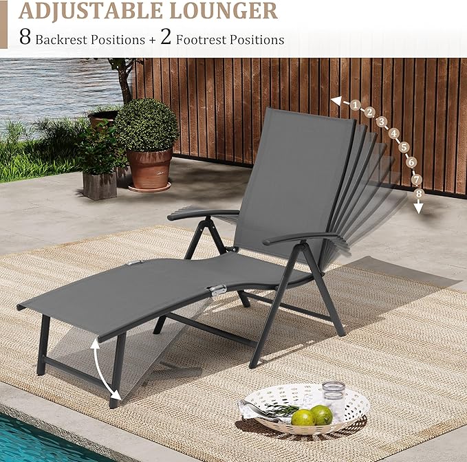 VredHom Patio Chaise Lounge Outdoor Adjustable Folding Lounge Chair Recliner with 8 Adjustable Backrest Positions for Pool Beach Yard, Textliene & Brown Aluminum Frame