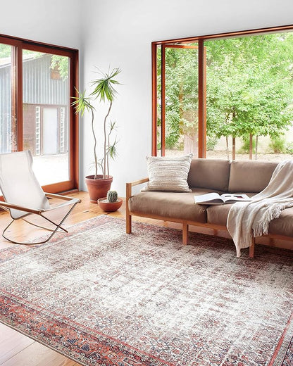 Loloi Layla Collection LAY-12 Ivory/Brick 2'-6" x 12'-0" .13" Thick Runner Rug, Soft, Durable, Vintage Inspired, Distressed, Low Pile, Non-Shedding, Easy Clean, Printed, Living Room Rug