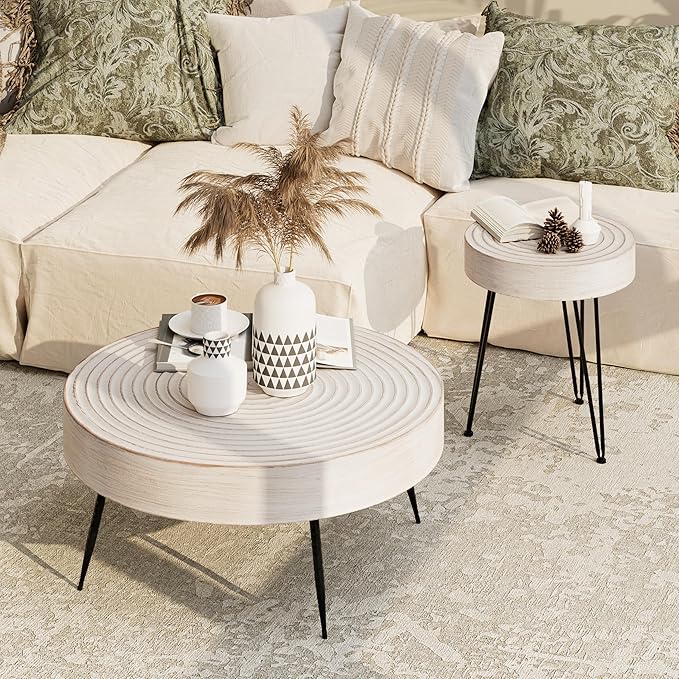 COZAYH 2-Piece Modern Farmhouse Living Room Coffee Table Set, Round Table Natural Finish with Handcrafted Wood Ring Motif, White