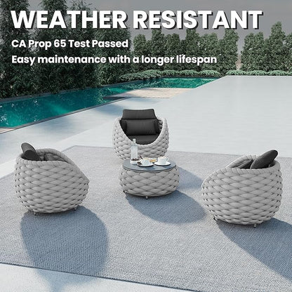 Erotr Balcony Furniture Set for Apartments: 4 Pieces Aluminum Woven Rope Patio Conversation Set - Modern Cushioned Lounge Chair Set - Assembled Porch Armchair for 400lbs Garden Lanai Poolsides Hotel