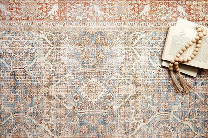 Loloi Layla Collection LAY-04 Ocean/Rust 5'-0" x 7'-6" .13" Thick Area Rug, Soft, Durable, Vintage Inspired, Distressed, Low Pile, Non-Shedding, Easy Clean, Printed, Living Room Rug