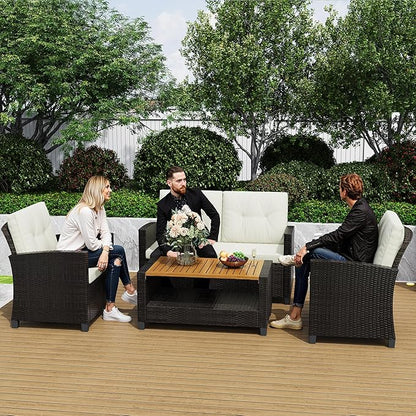 Wisteria Lane 4 Piece Patio Furniture Set, Wicker Outdoor Patio Conversation Furniture Set, All Weather Outdoor Patio Sofa with Cushion and Wood Table, Beige