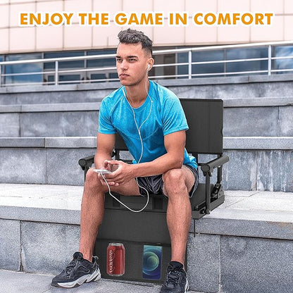 Stadium Seats for Bleachers with Back Support, 600 Lbs Rated with Lightweight Soft Comfort Cushion, Stadium Seating for Bleachers with Adjustable Back Support and Shoulder Strap (Black)