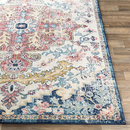 Livabliss Area Rugs - 5ft Round Odelia Vintage Boho Aqua Burgandy Blue Round Area Rug for Living Room Bedroom - Floral Medallion Stain Resistant Carpet for Kitchen, Nursery, Office (5'3" Round)