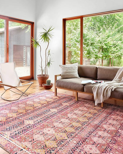 Loloi Layla Collection LAY-15 Magenta/Multi 2'-3" x 3'-9" .13" Thick Accent Rug, Soft, Durable, Vintage Inspired, Distressed, Low Pile, Non-Shedding, Easy Clean, Printed, Living Room Rug