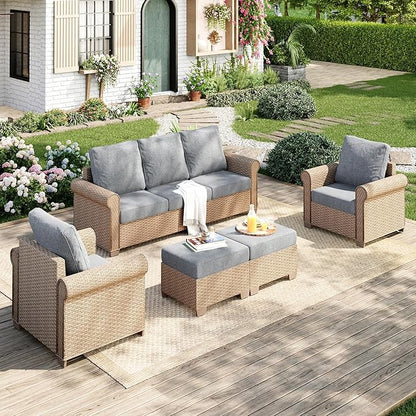 Patio Furniture Set 5 pcs, Wicker Outdoor Patio Furniture, 3-Seat Sofa, 2 Single Chairs and 2 Ottomans, Rattan Patio Conversation Set for Backyard Deck, Grey