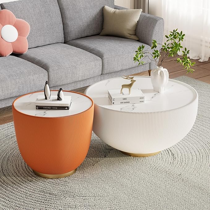 Round Coffee Table Set with Sintered Stone Tabletop, 27.56" White Drum Center Table and 19.69" Orange Coffee Table Set, 2 Pieces Living Room Table Set with Fluted PU Leather Cover& Metal Base
